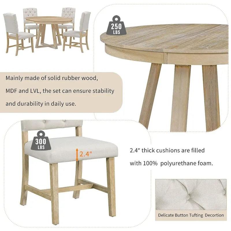 5 Piece Vintage Style Table Set, 42-58 Extendable Round Dining Table with 4 Upholstered Dining Chairs