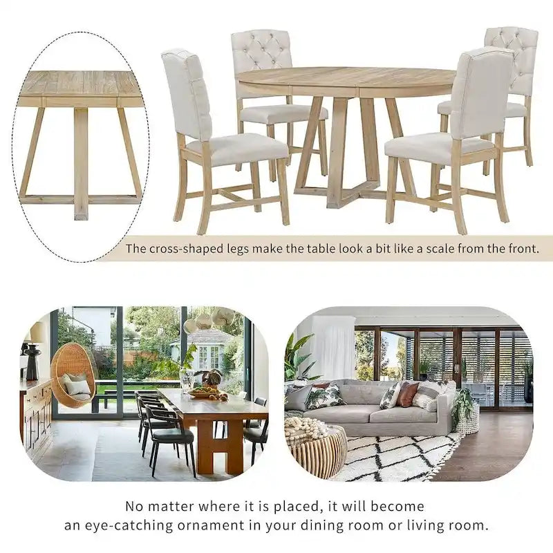 5 Piece Vintage Style Table Set, 42-58 Extendable Round Dining Table with 4 Upholstered Dining Chairs