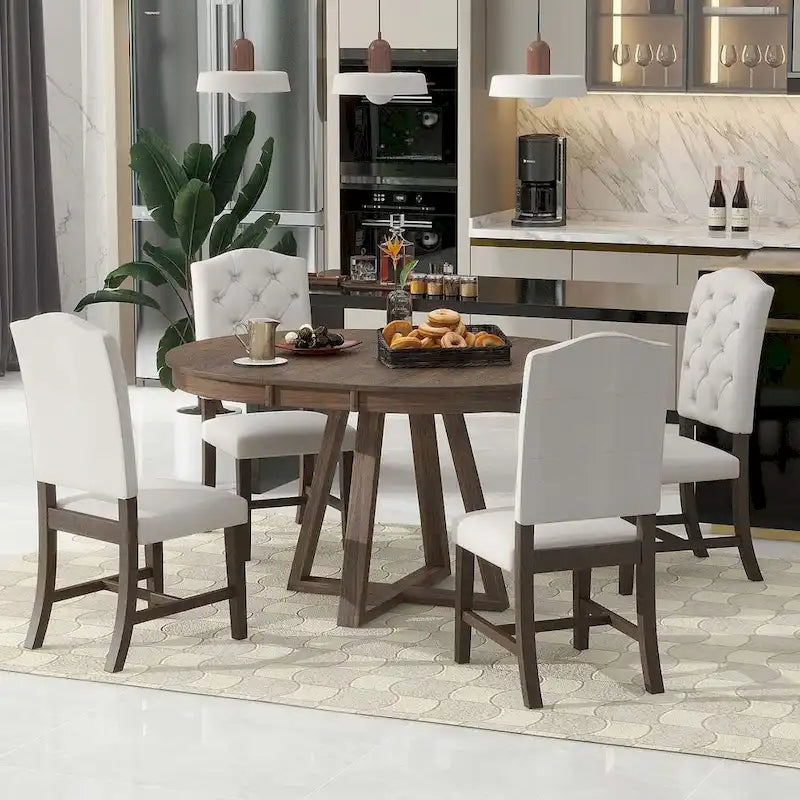 5 Piece Vintage Style Table Set, 42-58 Extendable Round Dining Table with 4 Upholstered Dining Chairs