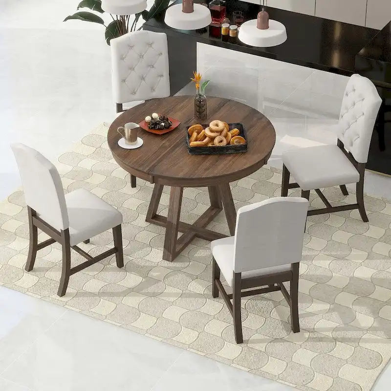5 Piece Vintage Style Table Set, 42-58 Extendable Round Dining Table with 4 Upholstered Dining Chairs