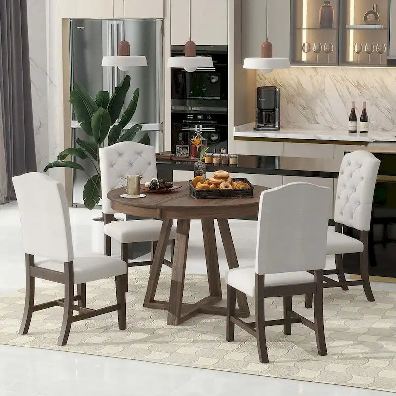 5 Piece Vintage Style Table Set, 42-58 Extendable Round Dining Table with 4 Upholstered Dining Chairs