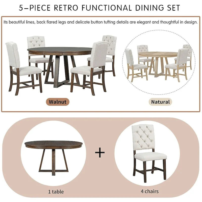 5 Piece Vintage Style Table Set, 42-58 Extendable Round Dining Table with 4 Upholstered Dining Chairs