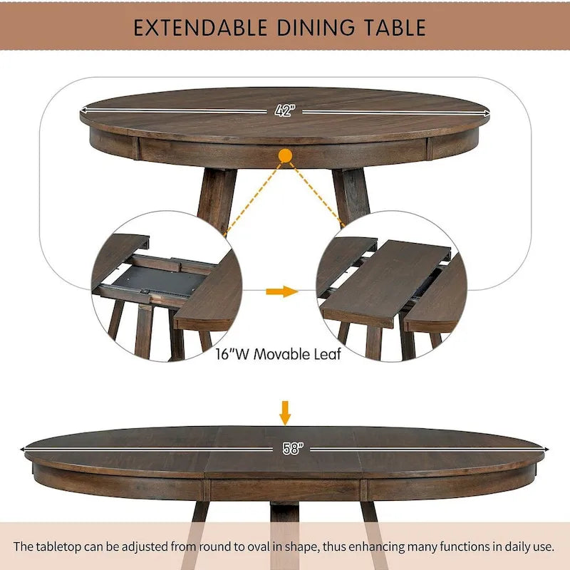 5 Piece Vintage Style Table Set, 42-58 Extendable Round Dining Table with 4 Upholstered Dining Chairs