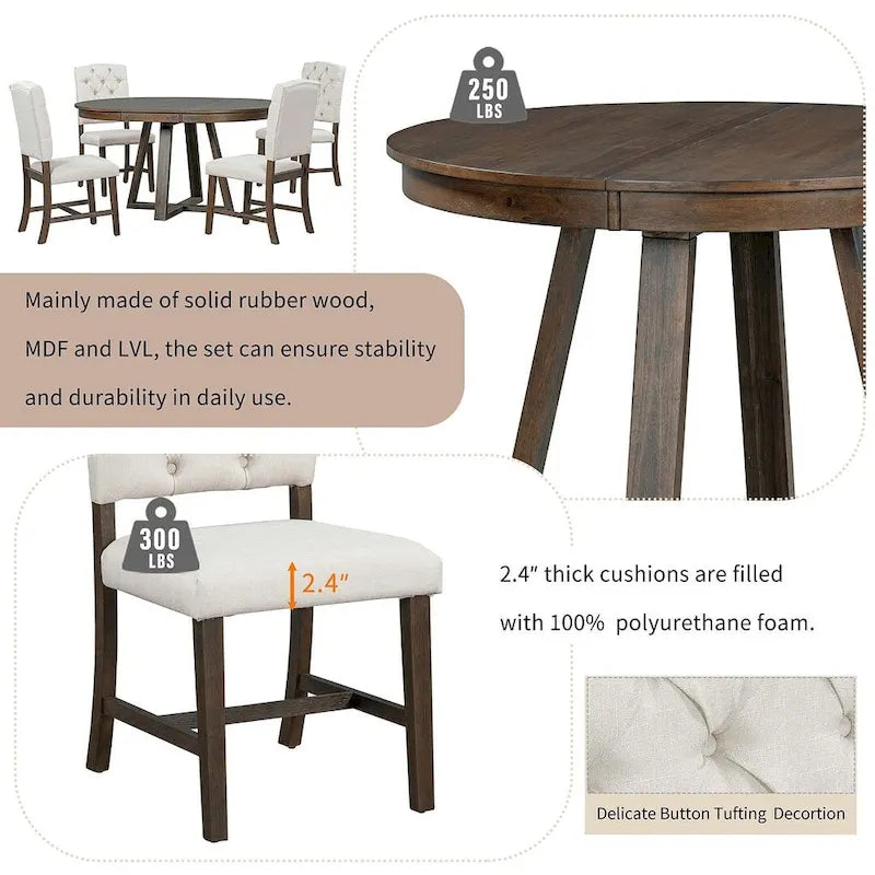 5 Piece Vintage Style Table Set, 42-58 Extendable Round Dining Table with 4 Upholstered Dining Chairs