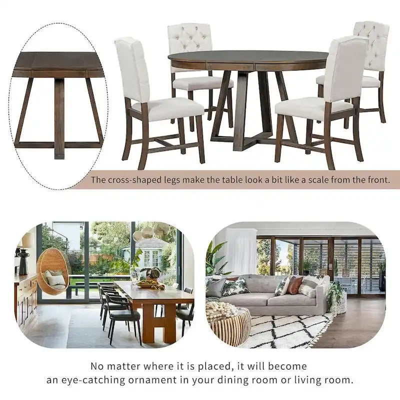 5 Piece Vintage Style Table Set, 42-58 Extendable Round Dining Table with 4 Upholstered Dining Chairs
