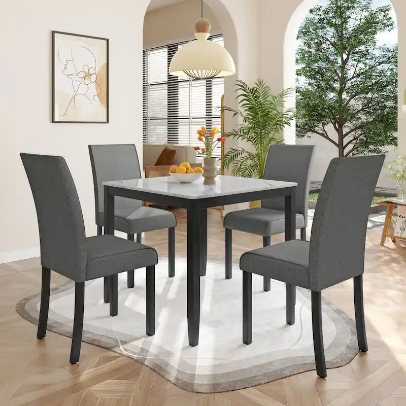 Corvus Fowey 5-piece Dining Set, Marble Sticker MDF Table and 4 Upholstered Chairs