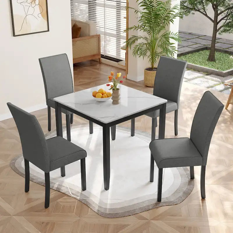 Corvus Fowey 5-piece Dining Set, Marble Sticker MDF Table and 4 Upholstered Chairs