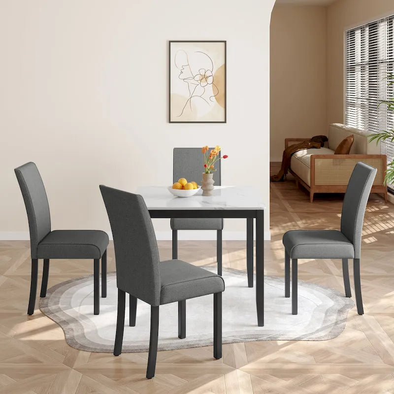 Corvus Fowey 5-piece Dining Set, Marble Sticker MDF Table and 4 Upholstered Chairs