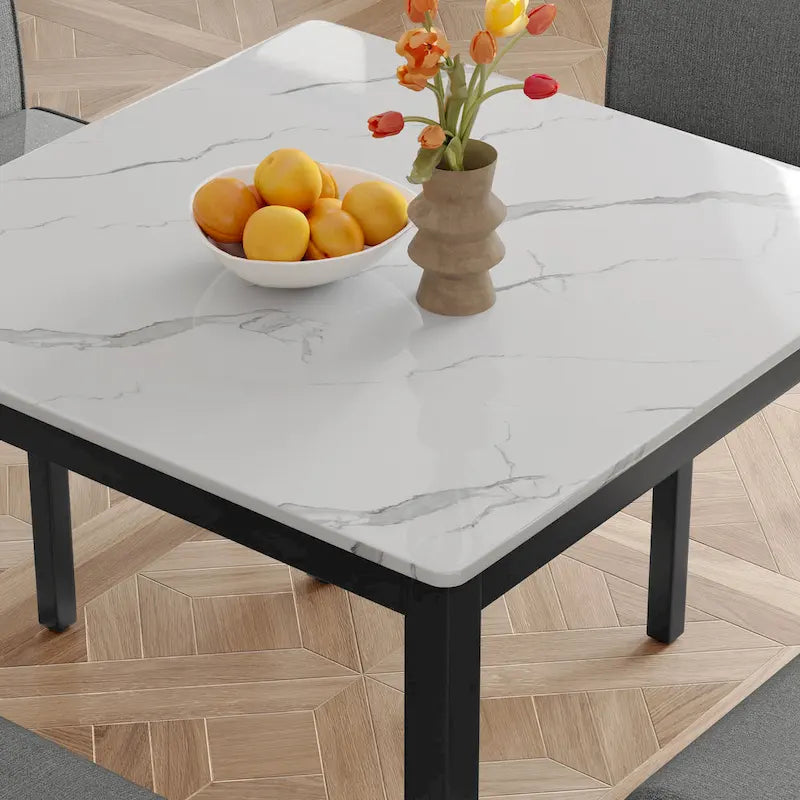 Corvus Fowey 5-piece Dining Set, Marble Sticker MDF Table and 4 Upholstered Chairs