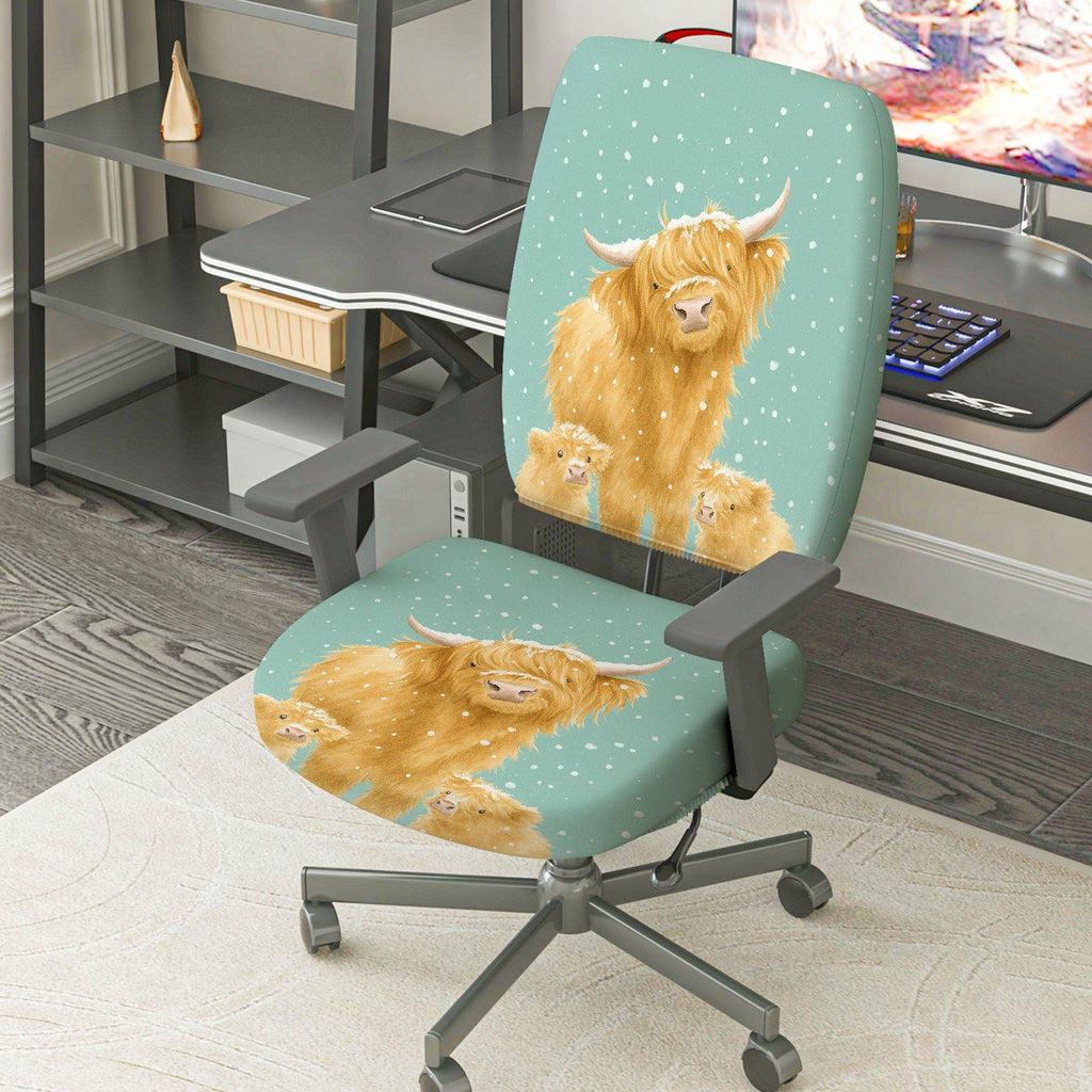 2-Piece Highland Cow Animal Pattern Cute Winter Snow  Computer Chair Cover Set, Seat and Backrest
