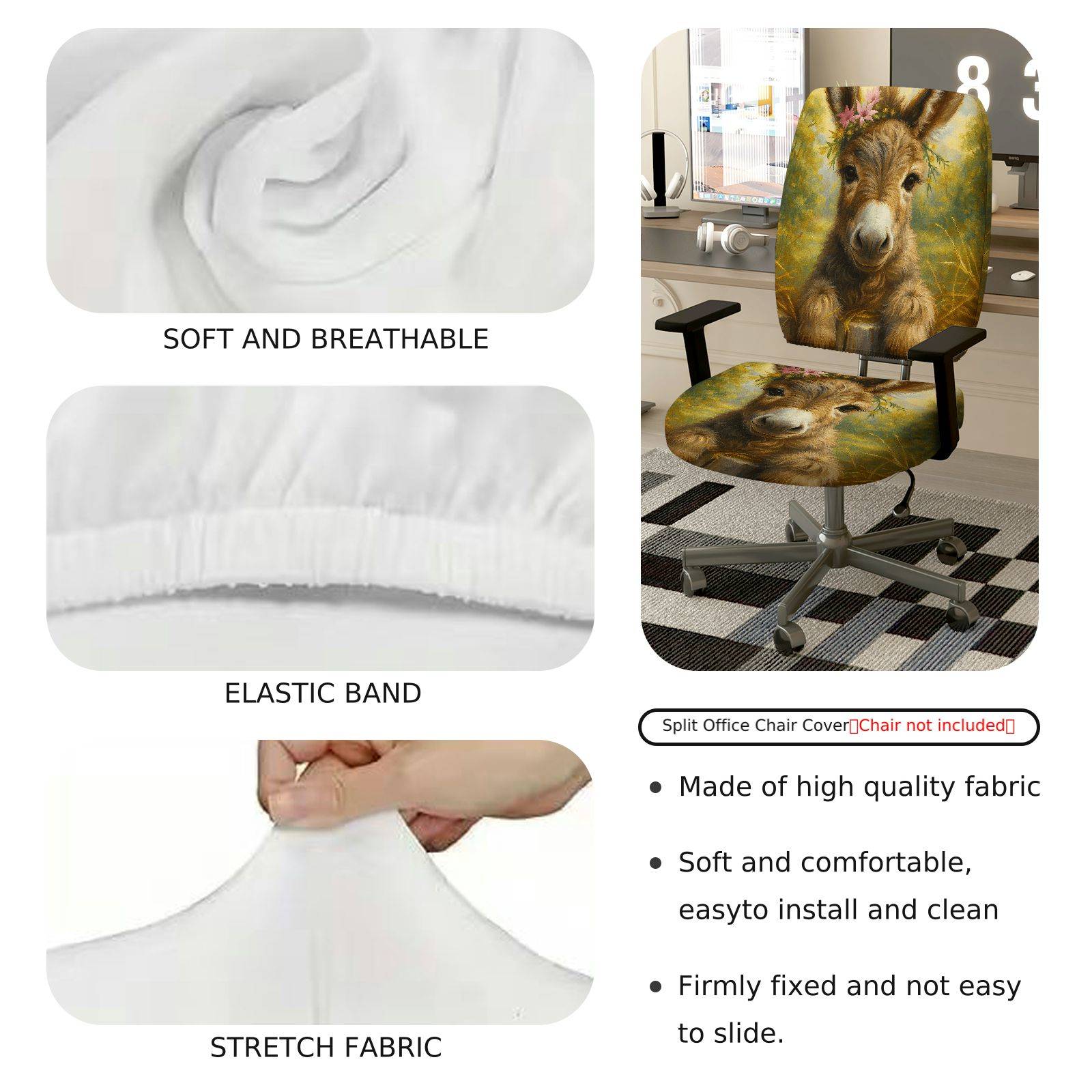 2-Piece Animal Floral Donkey Art Printed Decorative  Computer Chair Cover Set, Seat and Backrest