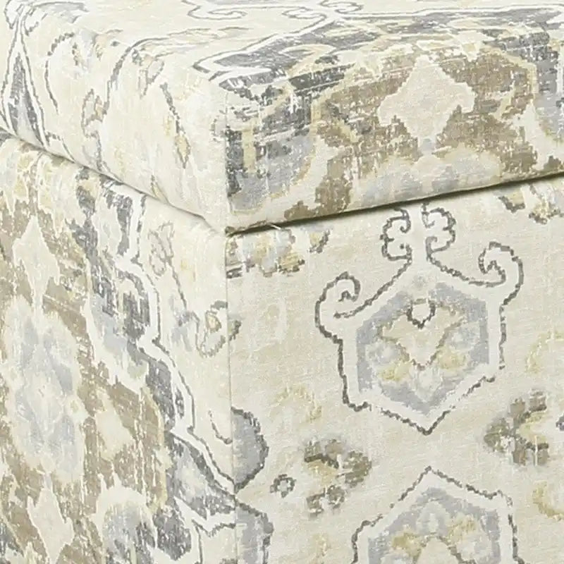 Medallion Print Fabric Upholstered Wooden Bench With Hinged Storage, Large, Brown and Cream
