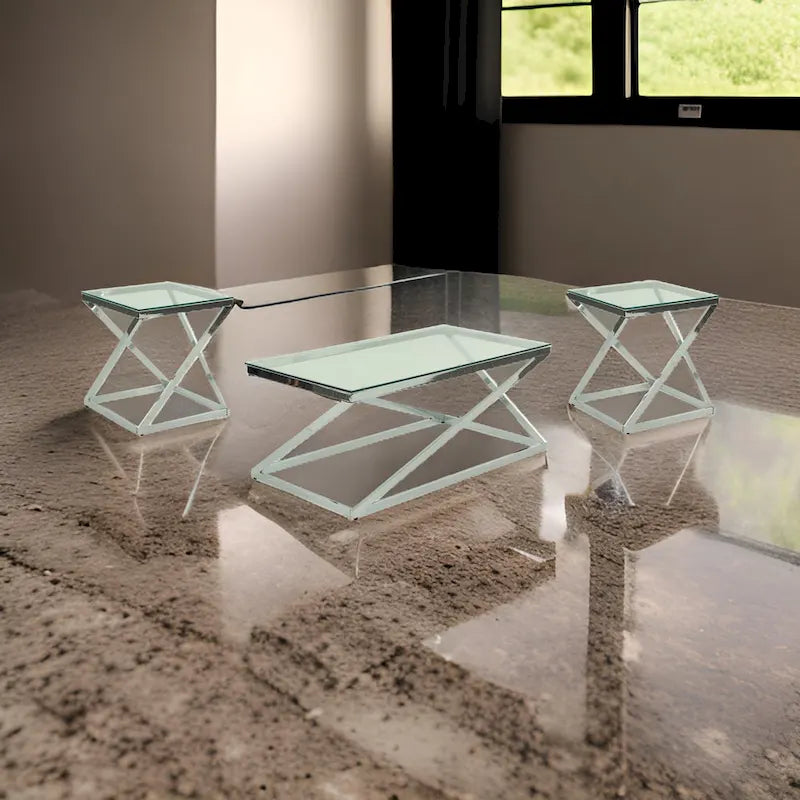 Gen Coffee and End Table Set of 3, Tempered Glass Top, Chrome Metal Base