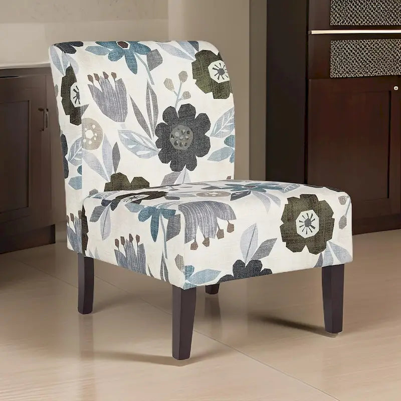 Rima Accent Chair, Ivory Gray Floral Pattern Polyester Cushion, Black Wood