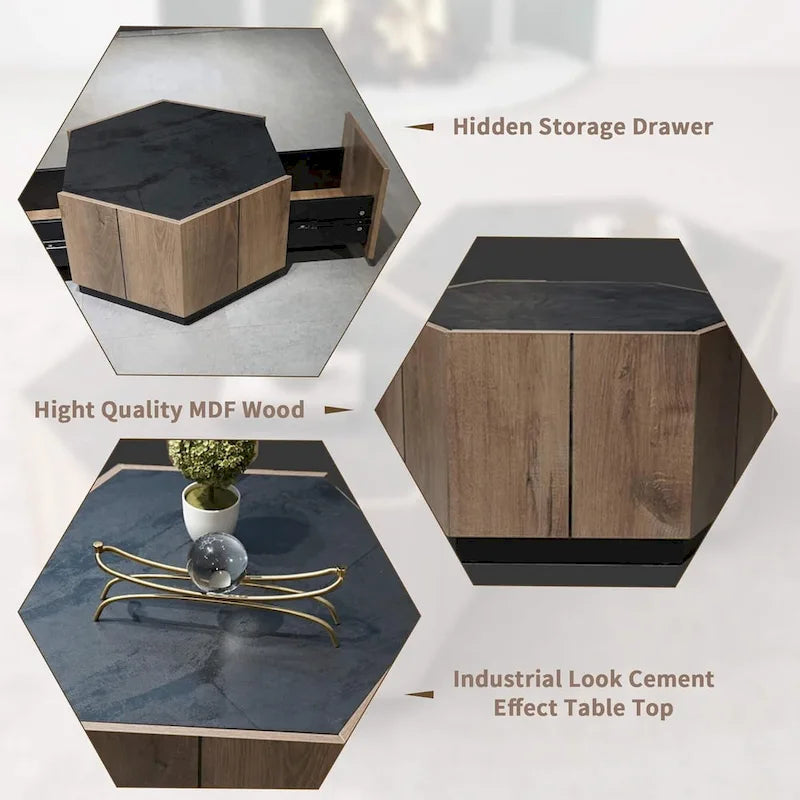 2 PCS Light Oak Hexagonal Tea Table with Drawers for Living Room