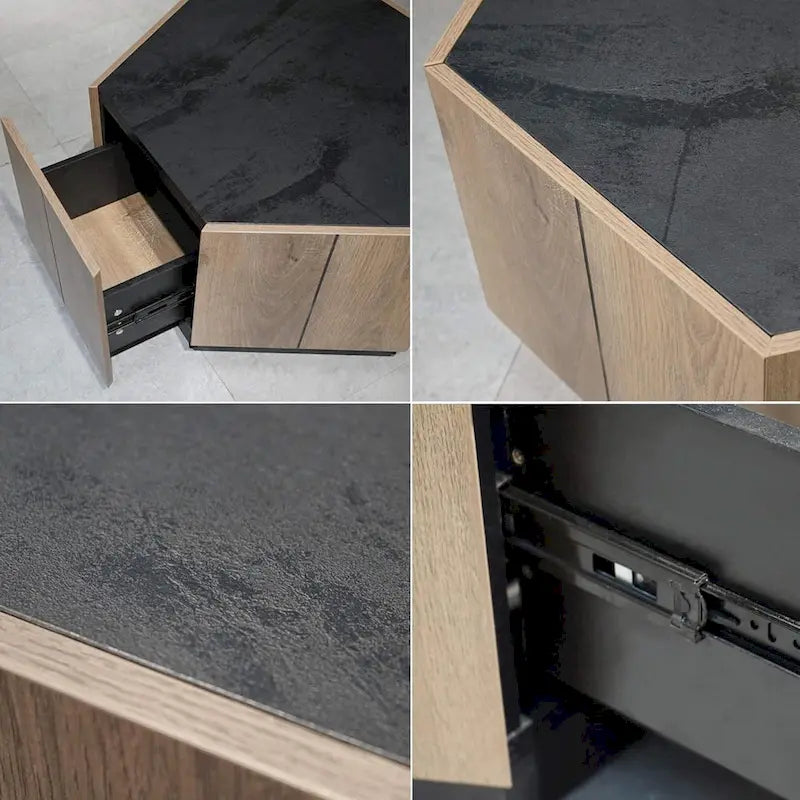 2 PCS Light Oak Hexagonal Tea Table with Drawers for Living Room