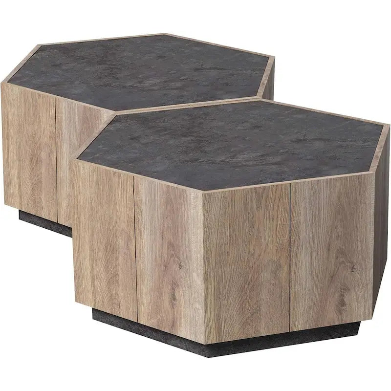 2 PCS Light Oak Hexagonal Tea Table with Drawers for Living Room
