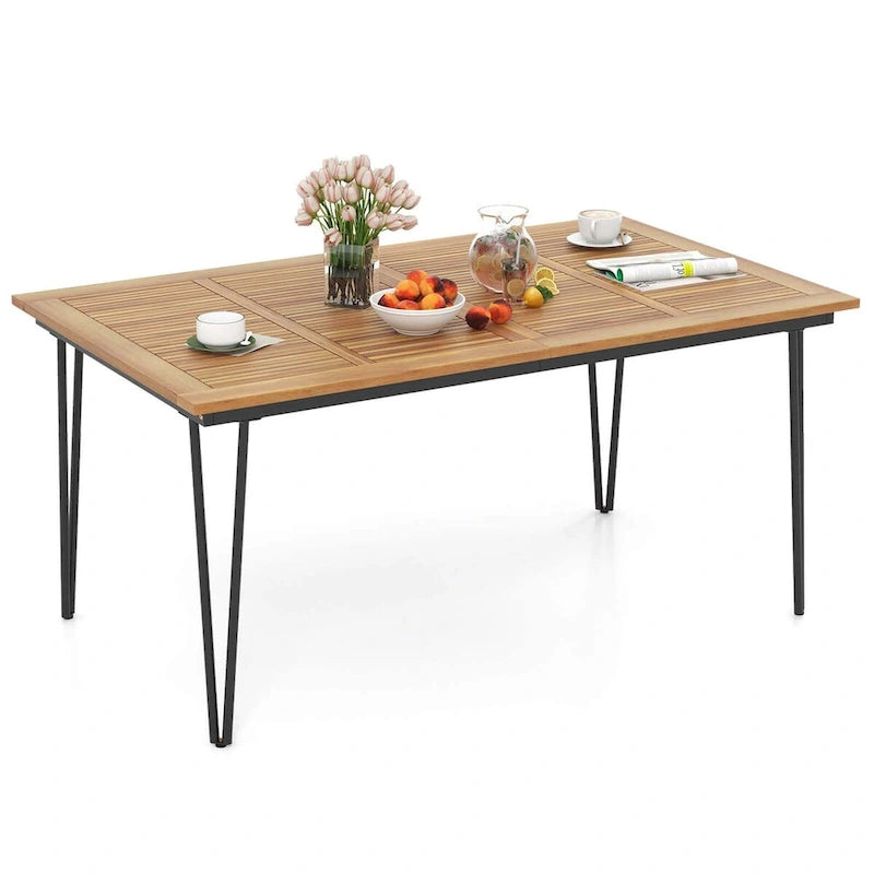 63-Inch Outdoor Dining Table w/ Acacia Wood Tabletop & Metal Legs