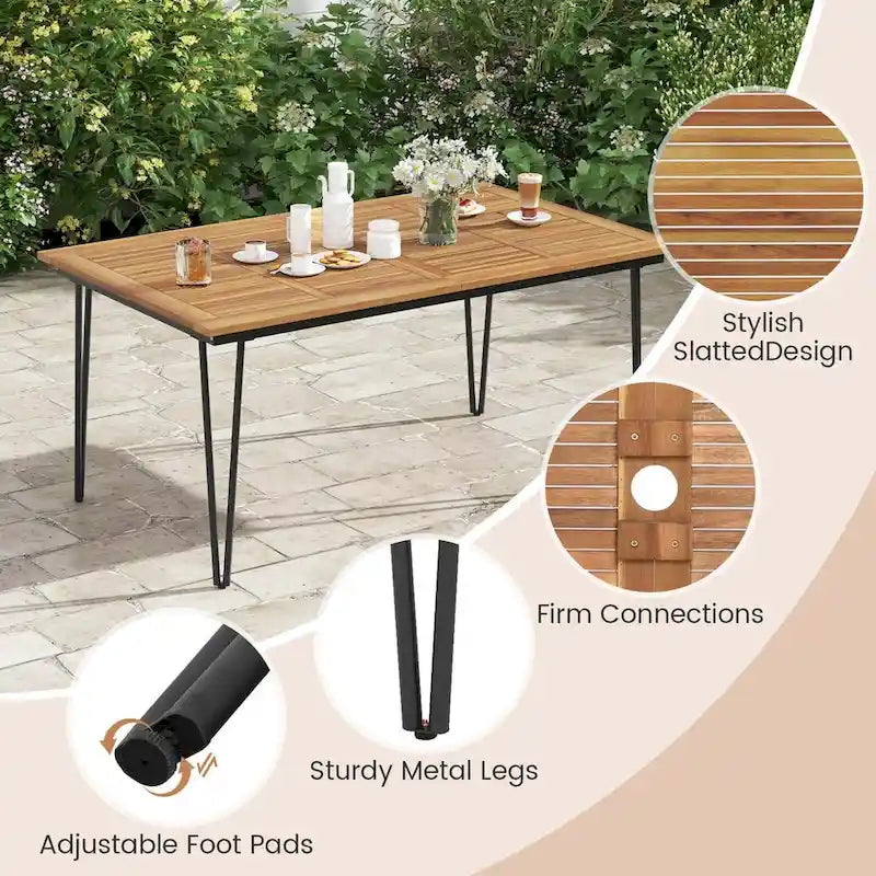 63-Inch Outdoor Dining Table w/ Acacia Wood Tabletop & Metal Legs