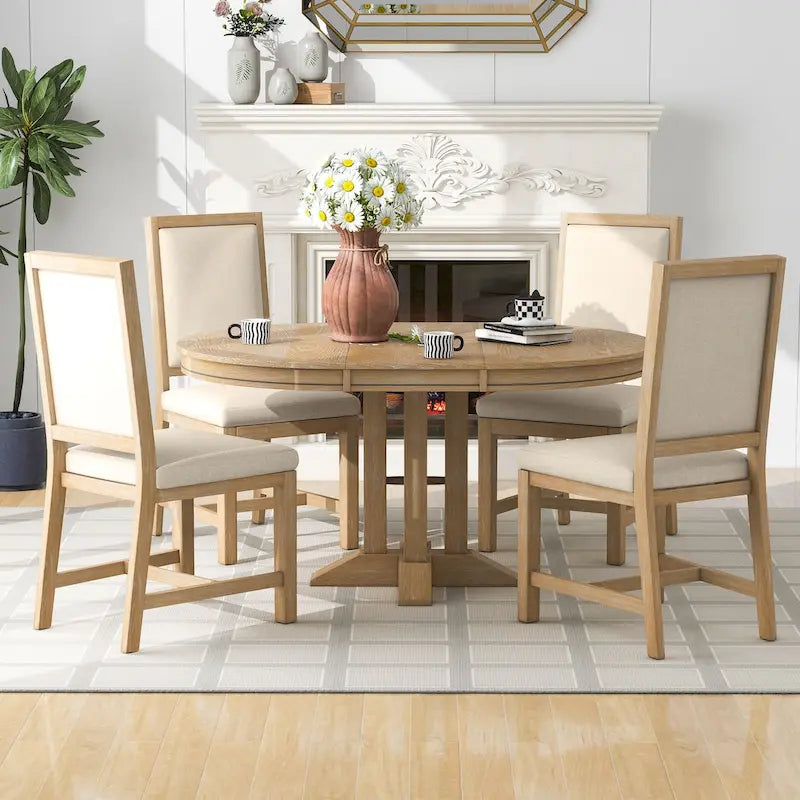 5-Piece Dining Set Extendable Round Table and 4 Upholstered Chairs Farmhouse Dining Set for Kitchen, Dining Room