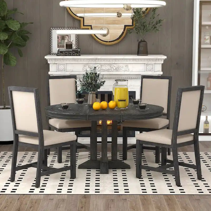 5-Piece Dining Set Extendable Round Table and 4 Upholstered Chairs Farmhouse Dining Set for Kitchen, Dining Room