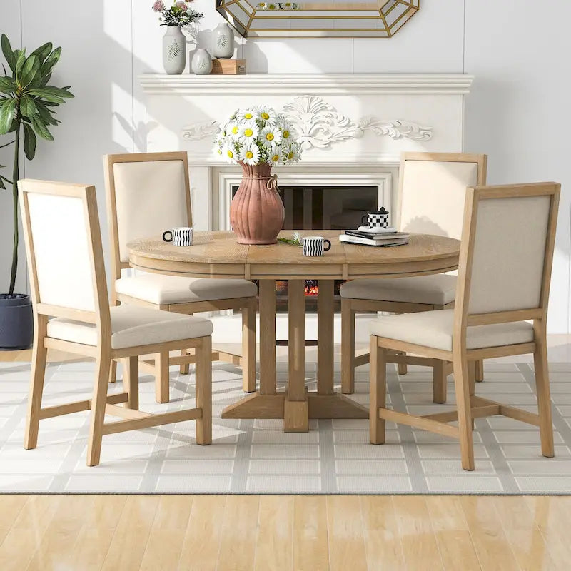 5-Piece Dining Set Extendable Round Table and 4 Upholstered Chairs Farmhouse Dining Set for Kitchen, Dining Room