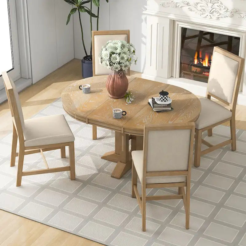 5-Piece Dining Set Extendable Round Table and 4 Upholstered Chairs Farmhouse Dining Set for Kitchen, Dining Room