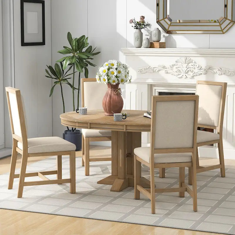 5-Piece Dining Set Extendable Round Table and 4 Upholstered Chairs Farmhouse Dining Set for Kitchen, Dining Room