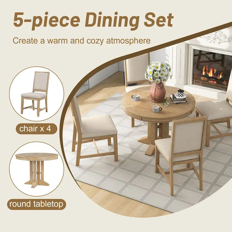 5-Piece Dining Set Extendable Round Table and 4 Upholstered Chairs Farmhouse Dining Set for Kitchen, Dining Room