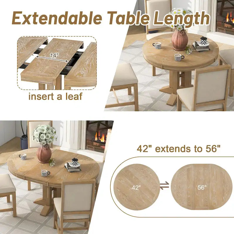 5-Piece Dining Set Extendable Round Table and 4 Upholstered Chairs Farmhouse Dining Set for Kitchen, Dining Room