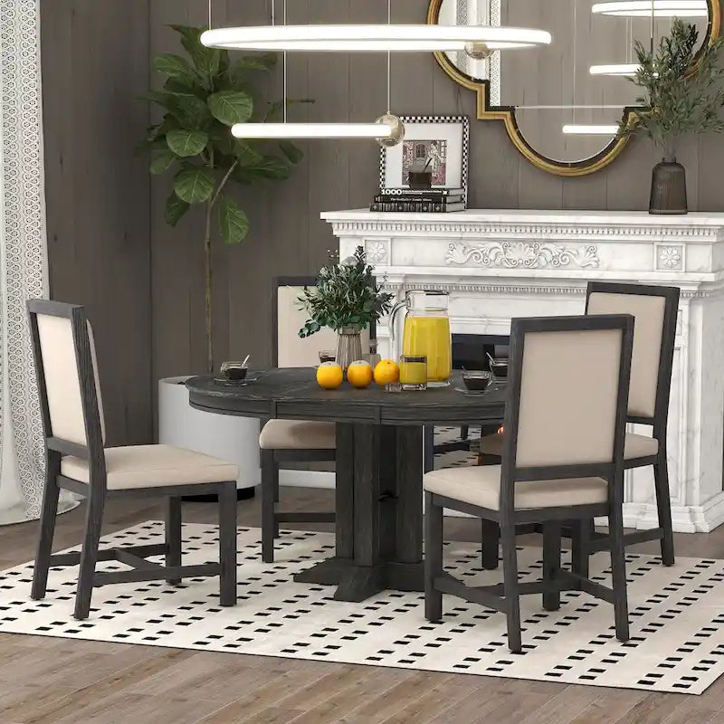 5-Piece Dining Set Extendable Round Table and 4 Upholstered Chairs Farmhouse Dining Set for Kitchen, Dining Room
