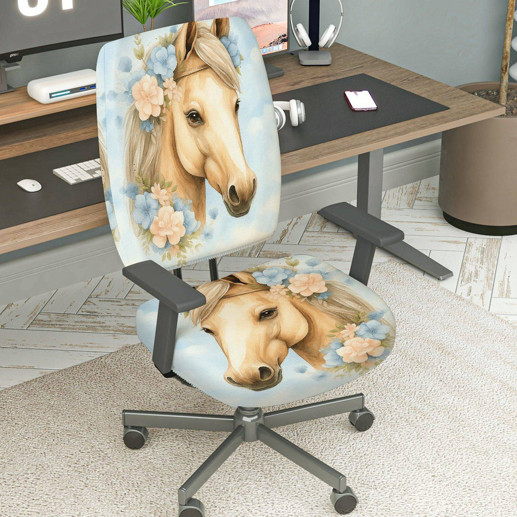 2-Piece Horse Floral Animal Art Modern Stylish  Computer Chair Cover Set, Seat and Backrest