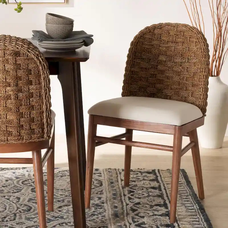 bali & pari Denver Modern Bohemian Walnut Brown Finished Acacia Wood and Seagrass Dining Chair