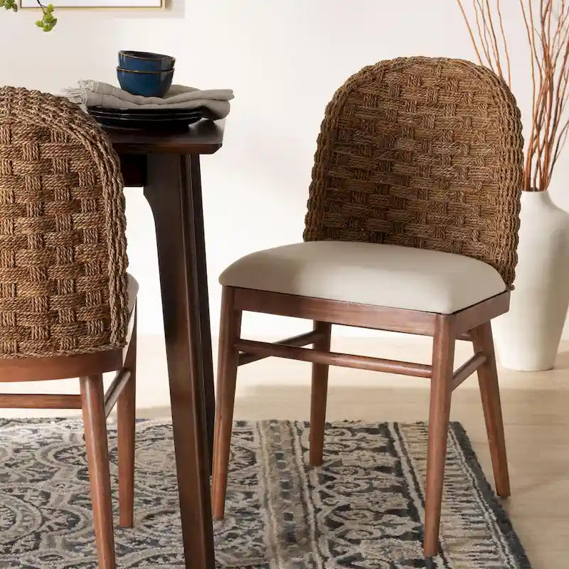 bali & pari Denver Modern Bohemian Walnut Brown Finished Acacia Wood and Seagrass Dining Chair