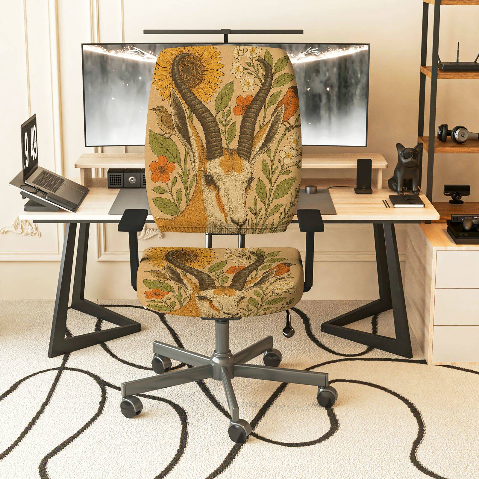 2-Piece Animal Floral Art Nature Vintage  Computer Chair Cover Set, Seat and Backrest