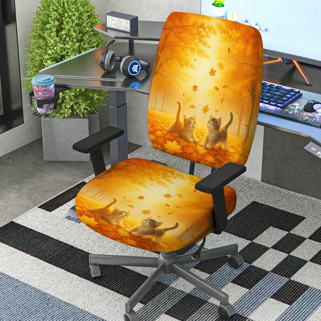 2-Piece Autumn Leaves Cat Forest Nature Fall  Computer Chair Cover Set, Seat and Backrest