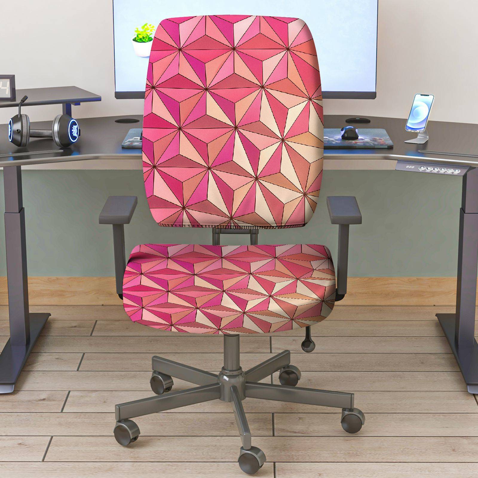 2-Piece Geometric Pink Pattern Modern Stylish  Computer Chair Cover Set, Seat and Backrest