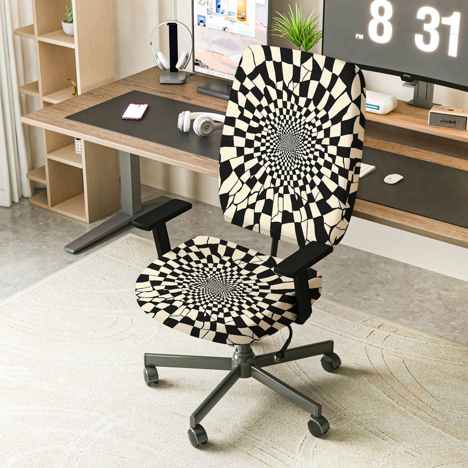 2-Piece Geometric Optical Illusion Black White Swirl  Computer Chair Cover Set, Seat and Backrest
