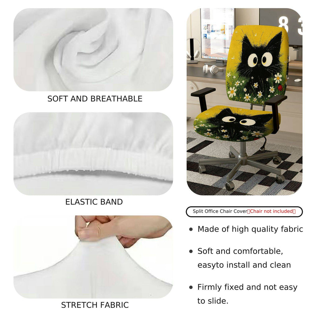 2-Piece Animal Floral Pattern Black Cat  Computer Chair Cover Set, Seat and Backrest