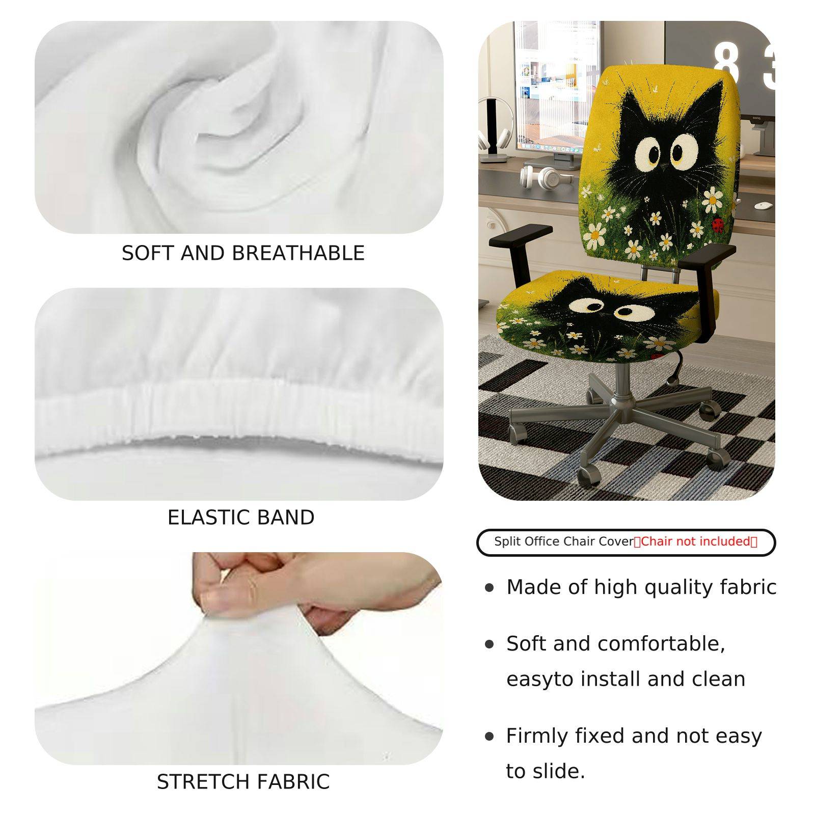 2-Piece Animal Floral Pattern Black Cat  Computer Chair Cover Set, Seat and Backrest