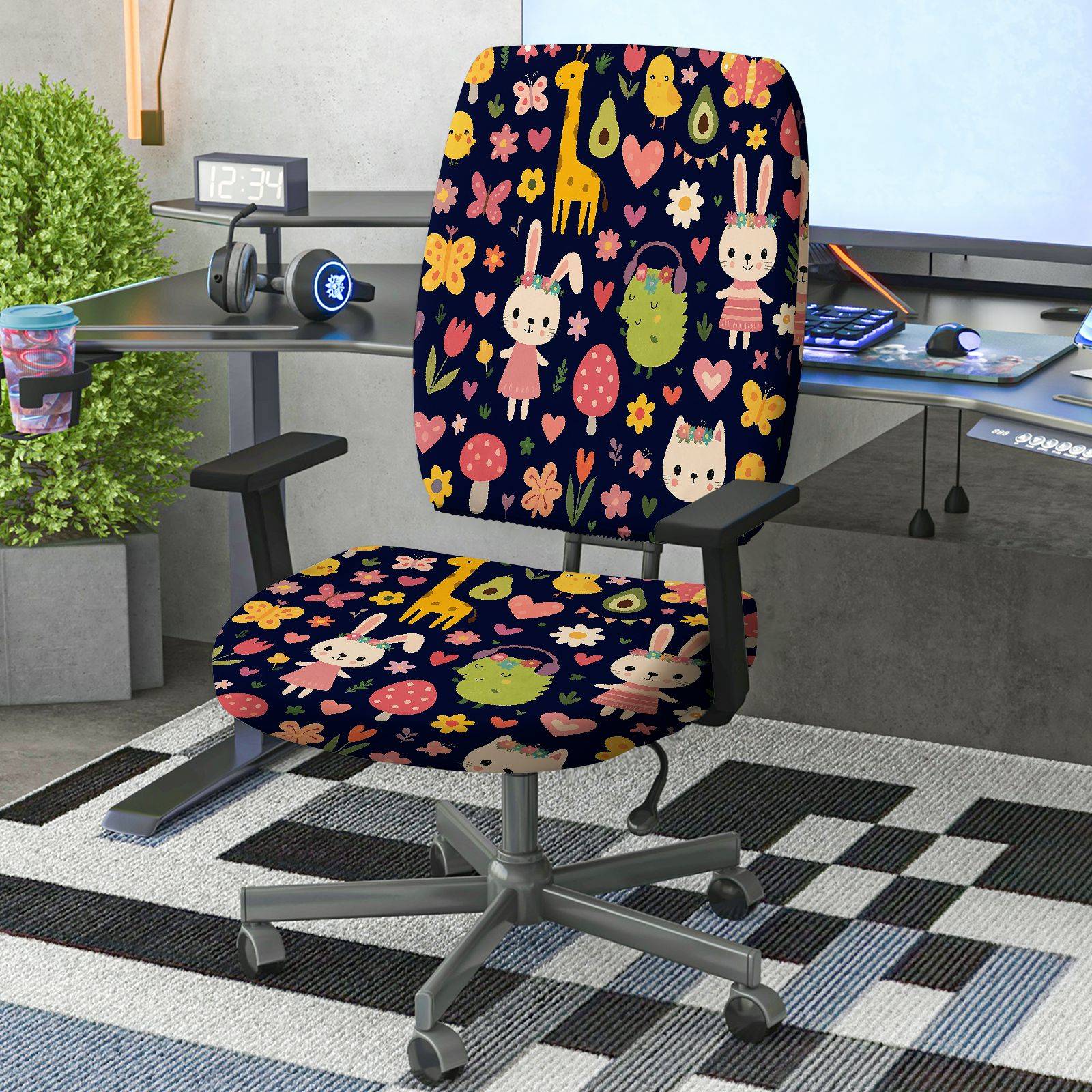 2-Piece Animal Floral Heart Nature Spring  Computer Chair Cover Set, Seat and Backrest