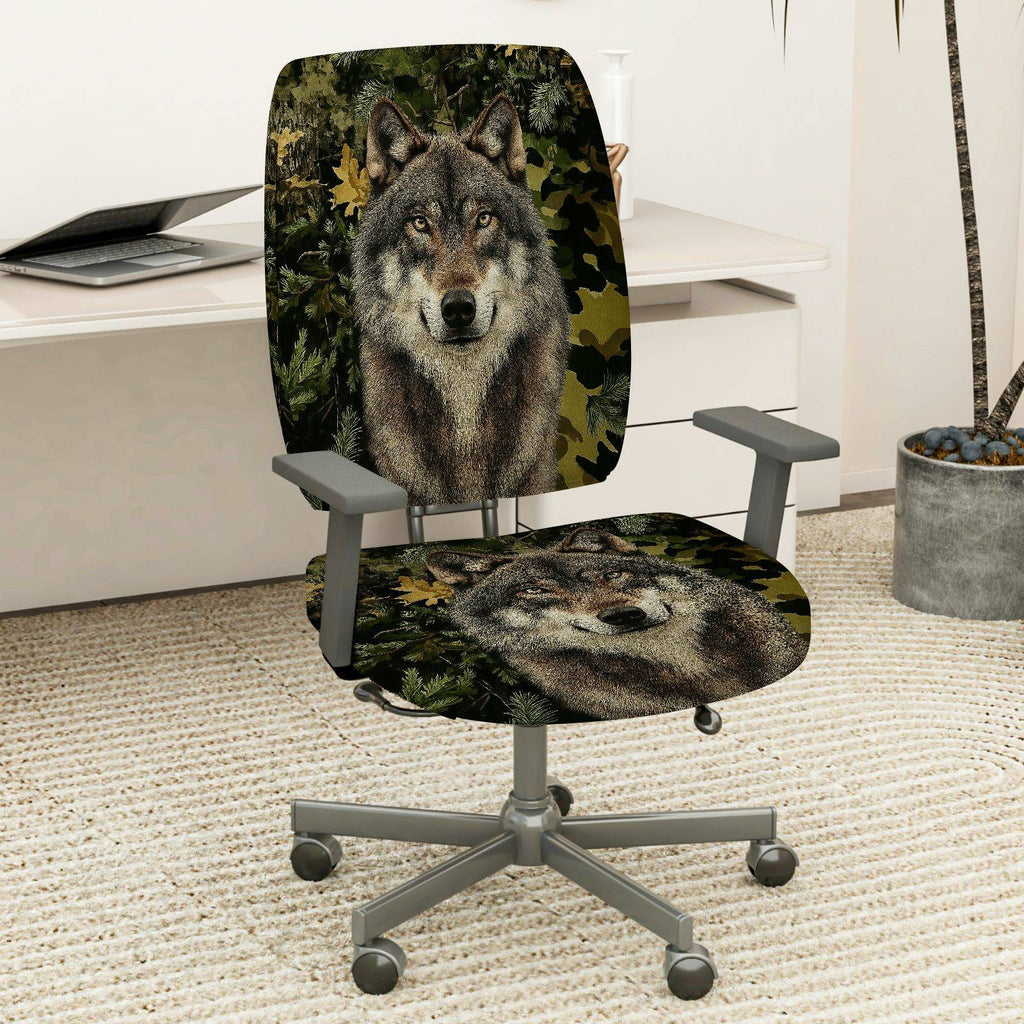 2-Piece Wolf Forest Camouflage Animal Nature Wildlife  Computer Chair Cover Set, Seat and Backrest