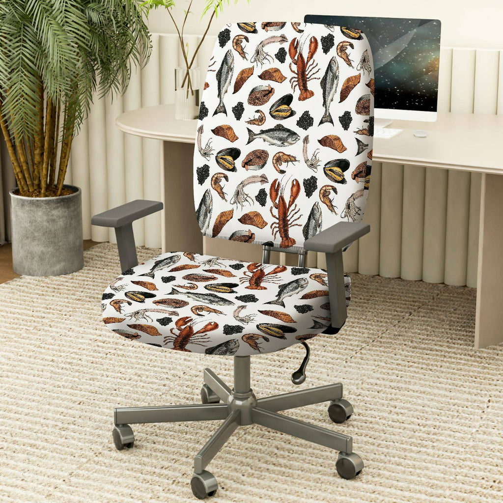 2-Piece Seafood Pattern Marine Theme Ocean Animal Coastal Style Nautical Design  Computer Chair Cover Set, Seat and Backrest