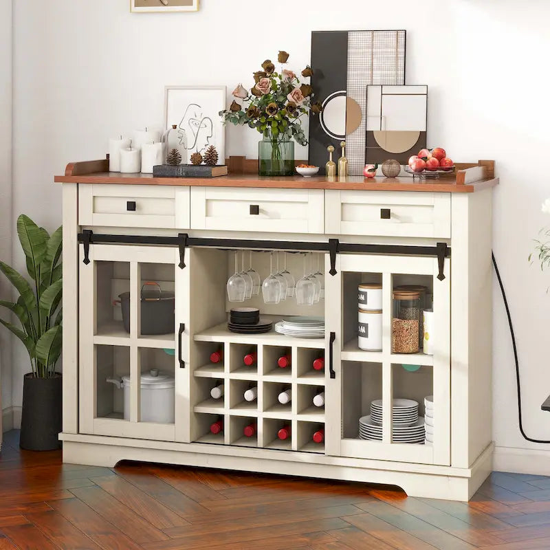 53 Barn Door Buffet Coffee Bar Cabinet with Wine Rack, Kitchen Sideboard Storage Cabinet