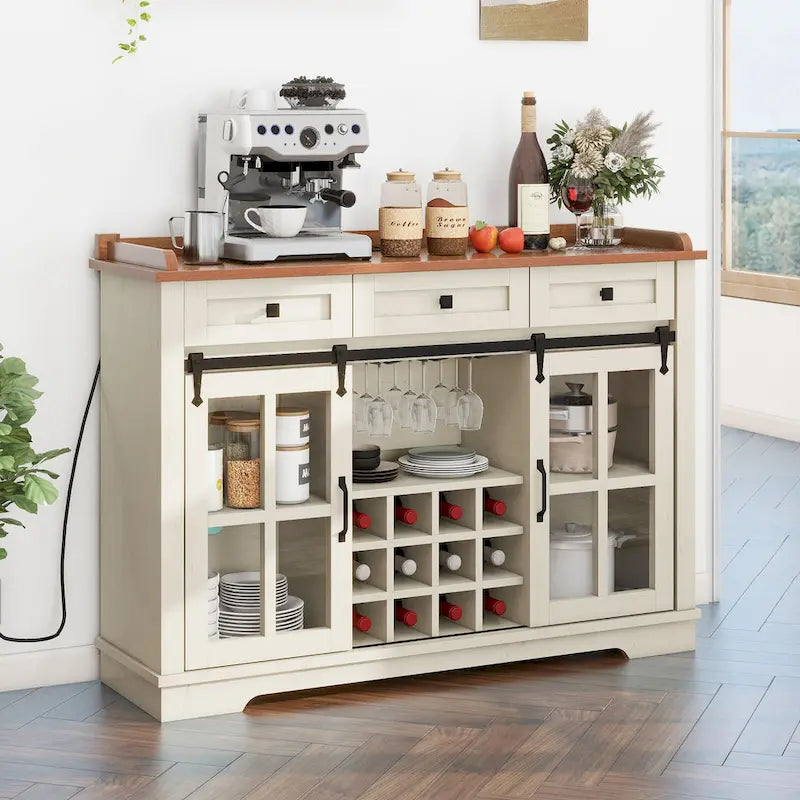 53 Barn Door Buffet Coffee Bar Cabinet with Wine Rack, Kitchen Sideboard Storage Cabinet