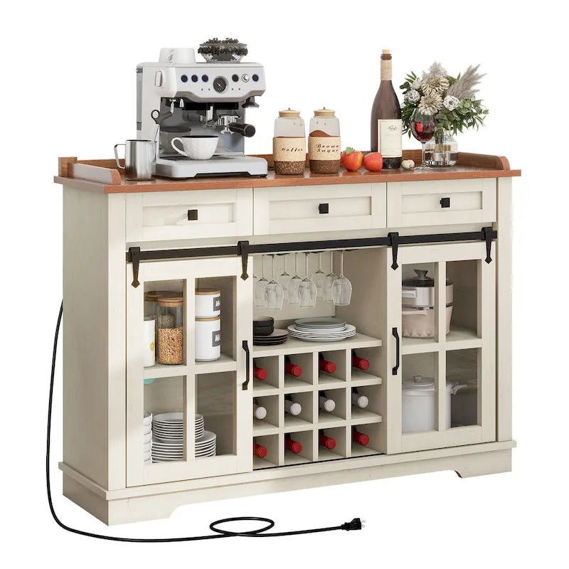 53 Barn Door Buffet Coffee Bar Cabinet with Wine Rack, Kitchen Sideboard Storage Cabinet
