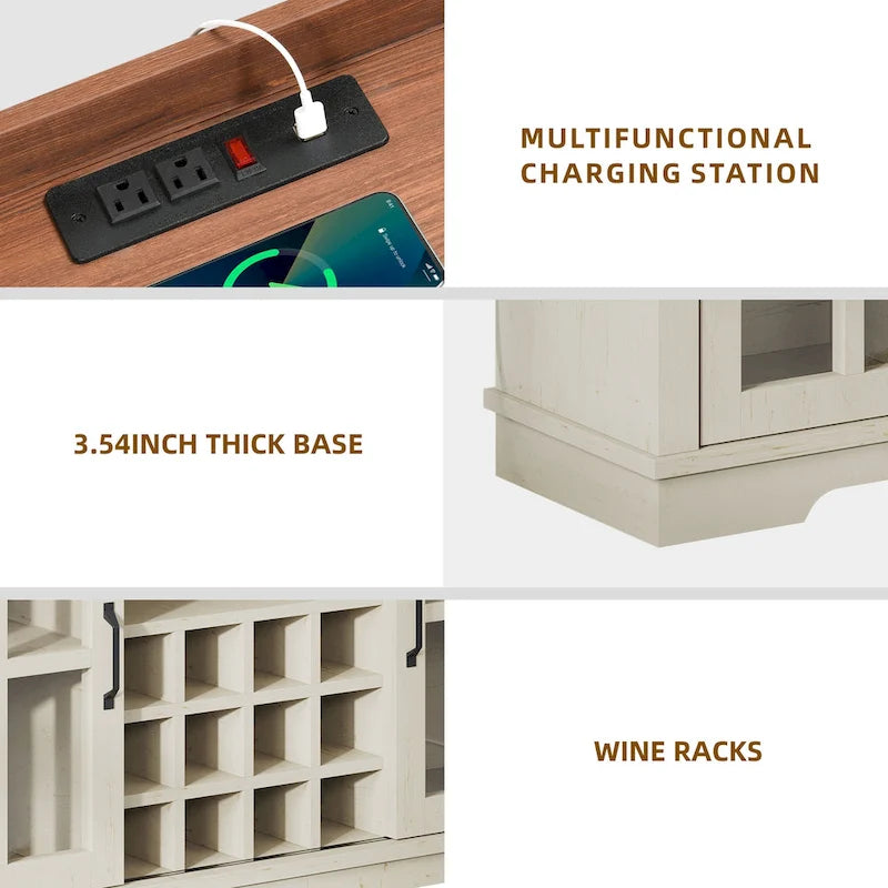 53 Barn Door Buffet Coffee Bar Cabinet with Wine Rack, Kitchen Sideboard Storage Cabinet