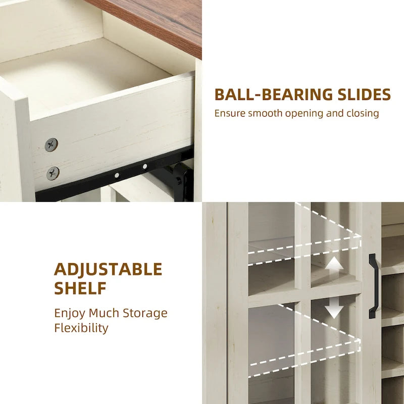 53 Barn Door Buffet Coffee Bar Cabinet with Wine Rack, Kitchen Sideboard Storage Cabinet