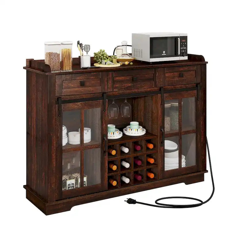 53 Barn Door Buffet Coffee Bar Cabinet with Wine Rack, Kitchen Sideboard Storage Cabinet
