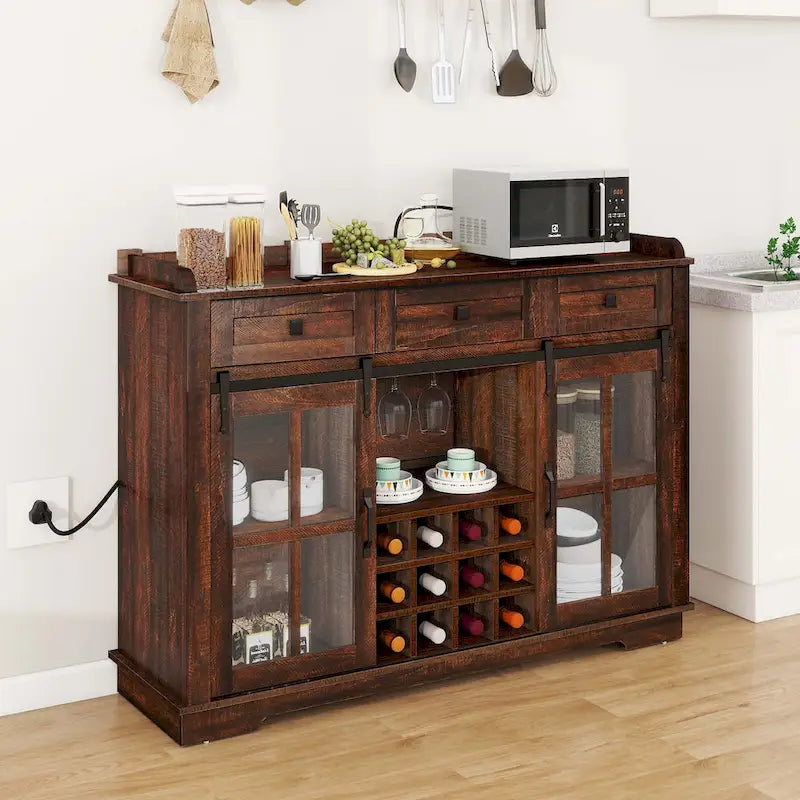 53 Barn Door Buffet Coffee Bar Cabinet with Wine Rack, Kitchen Sideboard Storage Cabinet